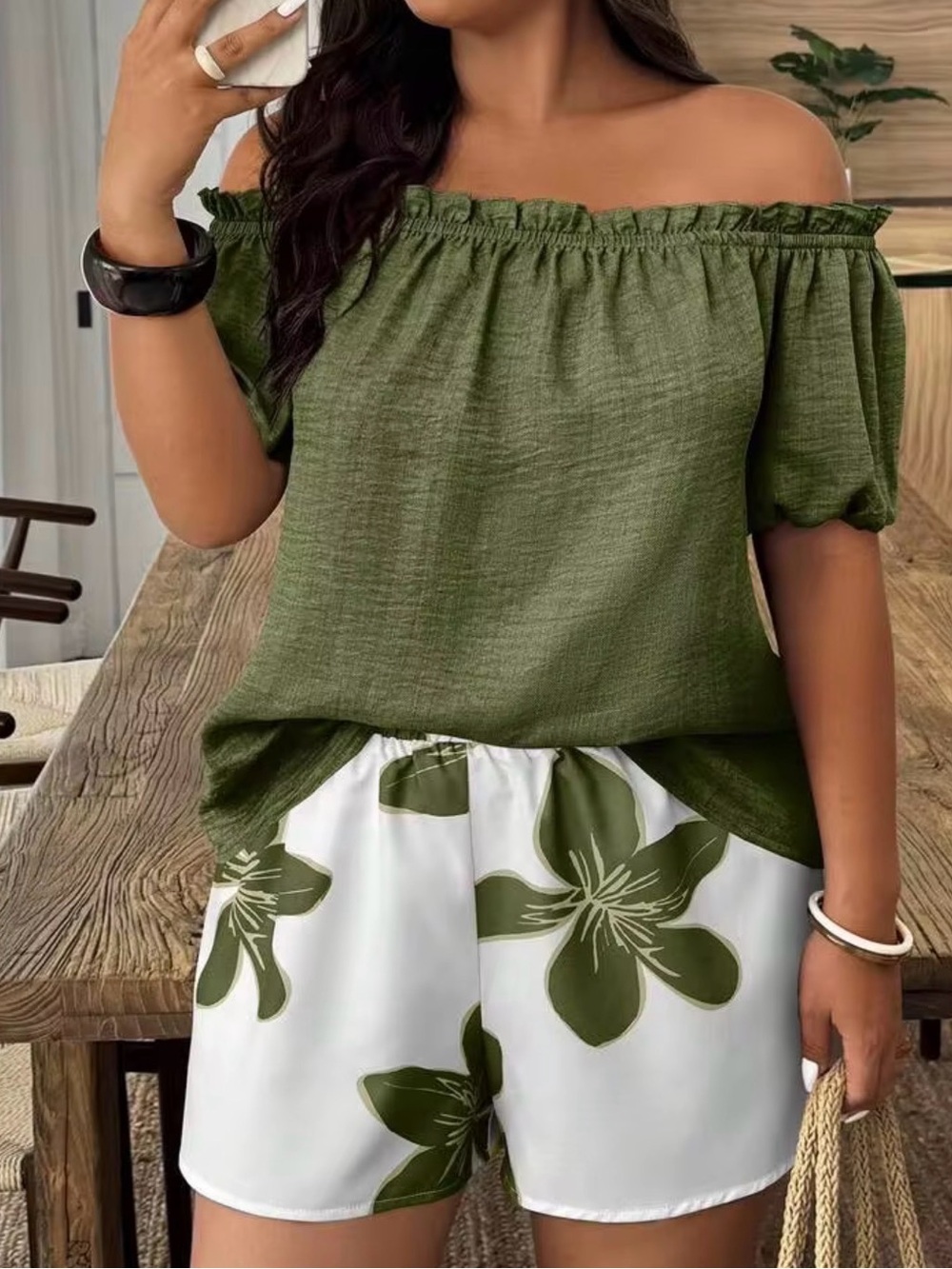 SHEIN Olive Green Off-Shoulder Ruffle Top and Matching Shorts 2-piece set.